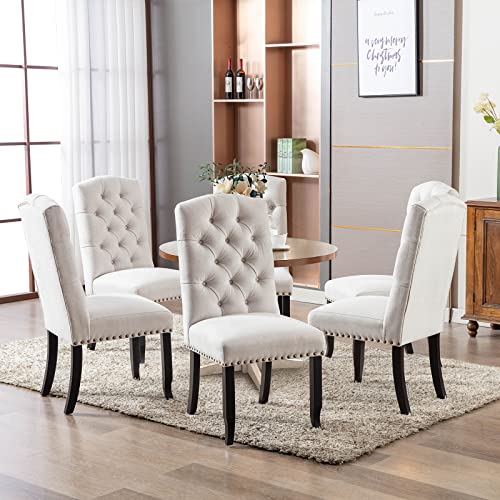 Colamy Button Tufted Dining Chairs Set Of 2, Upholstered Parsons Dining Room Chairs, Fabric Kitchen Side Chair With Nailhead Trim And Wood Legs, Beige #TOP3