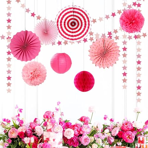 Image of Hot-Pink Rose-Gold Party Decorations Garland - 62ft Twinkle Little Star Hanging Streamers Banner,Birthday Wedding Bridal Baby Shower Bachelorette Engagement Decor Hugtmr