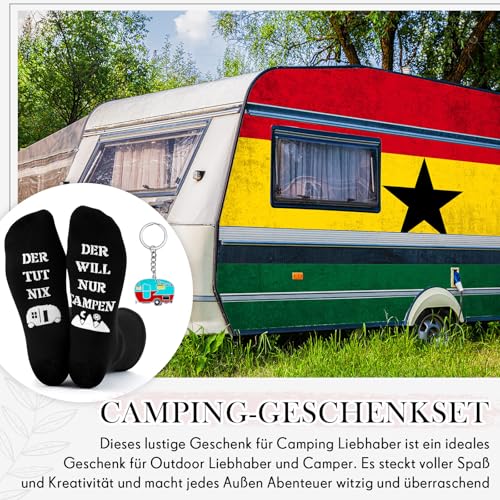 Jadive 2 Stück Camping Geschenke 1 Paar Camping Socken und 1 Wohnwagen Schlüsselanhänger Lustiges Camping Zubehör für Männer Frauen Reise Camping Liebhaber Geburtstag Geschenke(Schwarz,39-46)