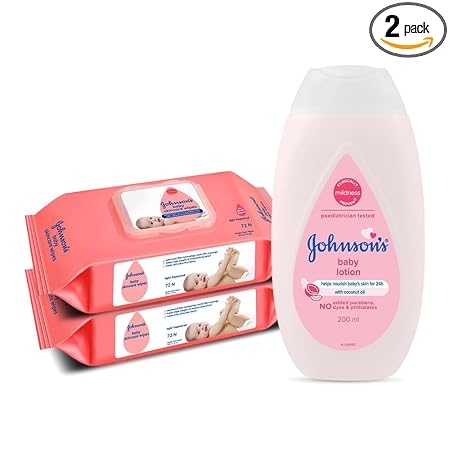 Johnson's Baby Skincare Wipes With Lid, 72s Twin Pack & Johnson's Baby Lotion 200ml