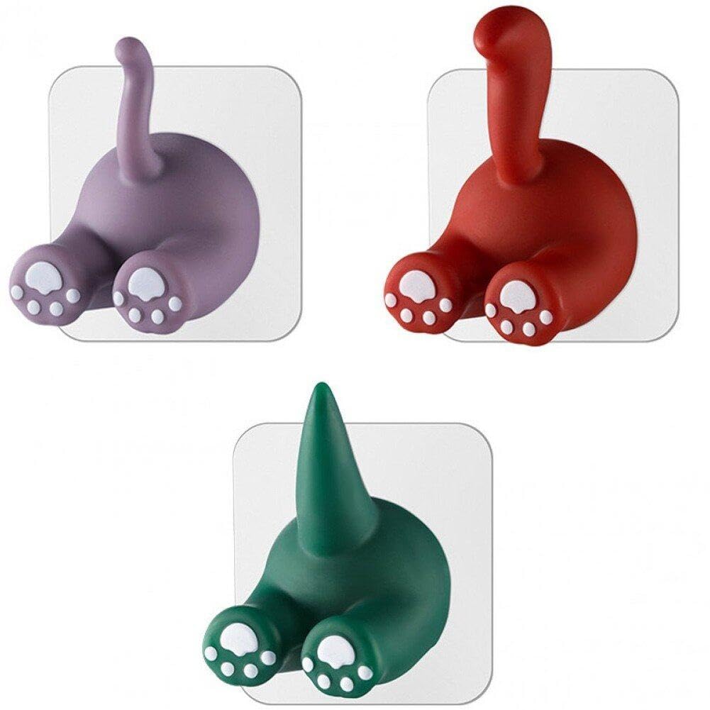 Muteitt 3 Pcs Multi-Purpose Animal Tail Hooks, Cartoon Adhesive Hook Toothbrush Holder, Kitchen Bathroom Utility Hanger for Hanging Towel Key Hat, Cable Holder