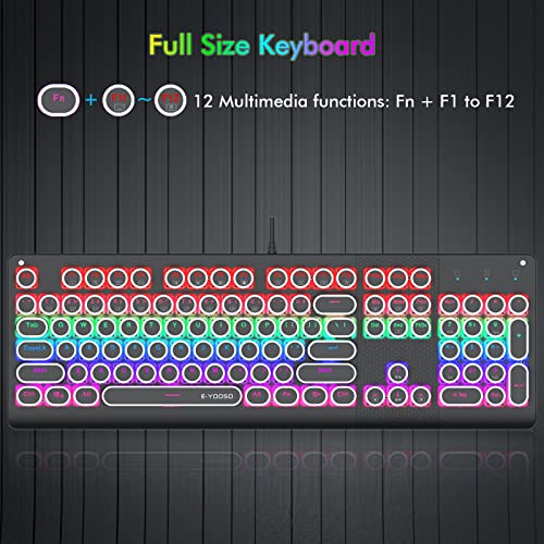 E-Yooso K-600 Typewriter Keyboard, Retro Mechanical Keyboard Typewriter Style, Wired Gaming Keyboard With Blue Switches, Round Keycaps Vintage Keyboard For Pc, Mac, Windows, Electroplated Punk Keycaps #TOP4
