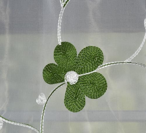 Image of Embroidered Floral Sheer Net Curtain for Window - 5x4 Feet - Transparent Green Net Curtain - Pack of 1 - Elegant Lightweight Decor for Living Room & Bedroom