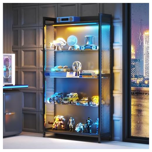AODK 収納棚 フィギュア棚 コレクション棚 ショーケース 大型 幅70×奥行28×高さ160cm ガラス製 5段 LEDライト付き 7色変化 本棚 ディスプレイケース オープンラック（ブラック）