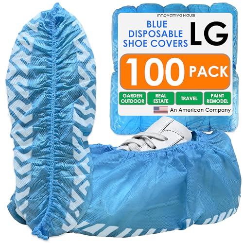 Innovative Haus Blue Indoor Disposable Shoe Covers - Disposable Non Slip Boot Covers - Indoor Reusable Booties - Treads - Water Resistant - 100 Pack, Large