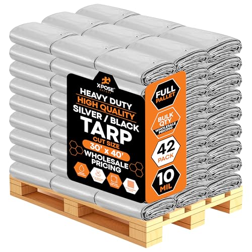 Image of Heavy Duty Poly Tarp - 30' x 40' - Full Pallet (42 Pack) (Cut Size) 10 Mil Thick Waterproof, UV Blocking Protective Cover - Reversible Silver and Black - Laminated Coating - Grommets - by Xpose Safety