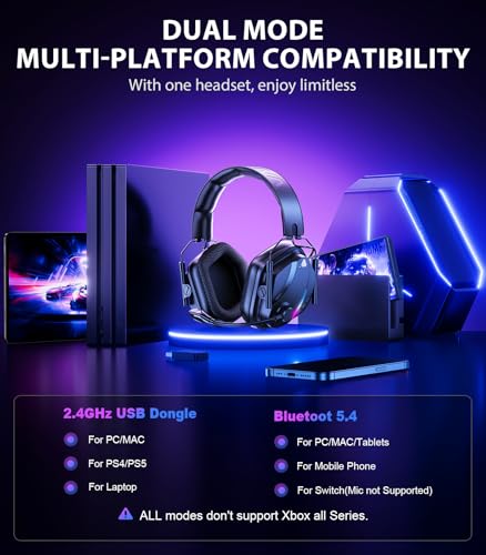 Image of Vakedy Wireless Gaming Headset for PS5, PS4, PC, 2.4GHz Low-Latency & Bluetooth 5.4 Gaming Headphone with Noise Canceling Mic, 50mm Drivers, 50H Battery Wireless Headset for Switch, Mobile, Mac