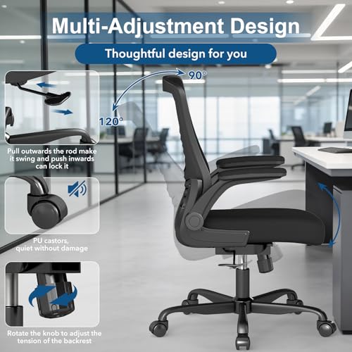 Image of Mesh Office Chair, Comfy Desk Chair with Flip-Up Armrests, 6PC | 300 LBS Capacity, Black Breathable Mesh, Adjustable Height, 360 Swivel Wheels, Computer Chair for Study, Home Space Saving