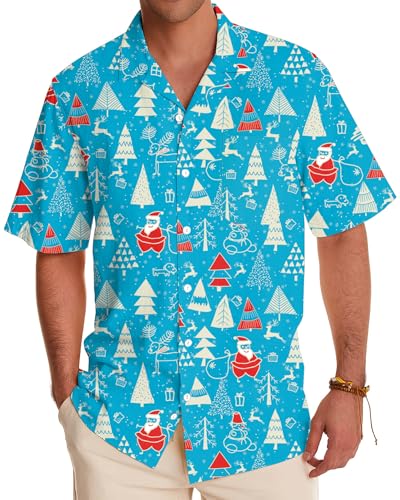 VVNTY Mens Christmas Shirt Xmas Button Down Shirts Funny Printed Short Sleeve Party Holiday Top (Blue1 M)