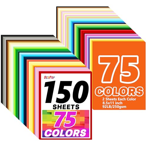 OcePor 150 Sheets Colored Cardstock 75 Colors 8.5x11 Color Cardstock Bulk 250gsm/92lb Assorted Colors Construction Paper for Printing Card Making Die Cutting Crafts Scrapbooking Party
