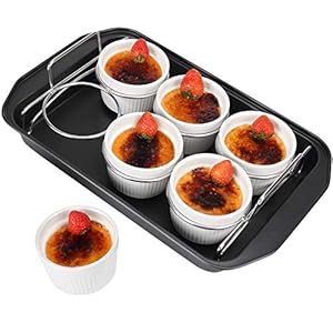 Creme Brulee Making Set – 6 Porcelain Ramekins 6 oz, 304 Stainless Steel Lifting Rack, 9″ X 13″ Bottom Pan