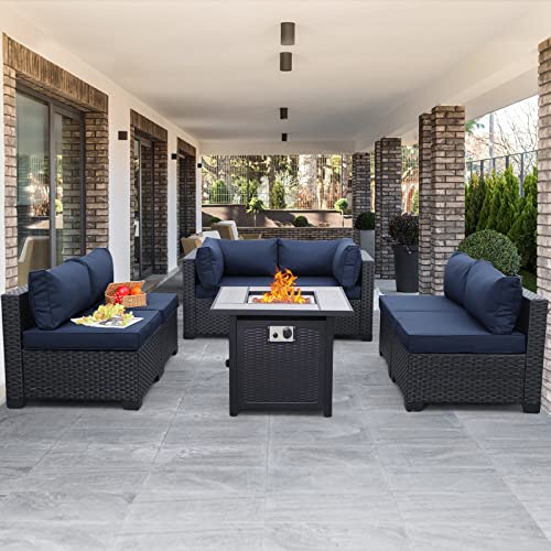Valita 7 Piece Outdoor Pe Wicker Furniture Set, Patio Black Rattan Sectional Sofa Couch With Washable Navy Blue Cushions,Adjustable Gas Fire Pit… #TOP1