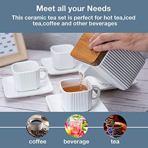 Taimei Teatime Porcelain Tea Set, Tea Cup(4 OZ) with Saucer in Set of 4 & 1 Teapot(23 OZ) with infuser basket for Steeping Loose Leaf Tea, Elegant White Ceramic Tea Sets