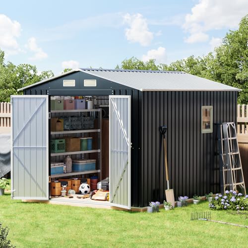 Image of Upgrade 10x8FT Outdoor Metal Storage Shed with Double Swing Doors,Clear Windows, Tool Shed for Garden, Patio, Backyard