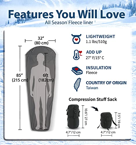 Litume All Season Sleeping Bag Liner Adds Up to 27F, Lightweight Mummy Sleeping Sack for Backpacking, Camping, Traveling with Drawstring Hood and Stuff Sack (No Zipper/with Compression Sack)