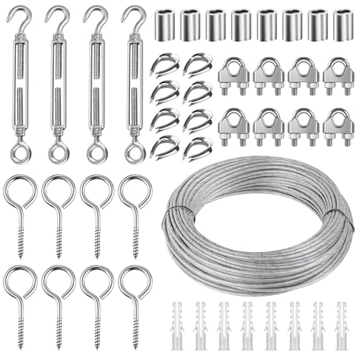 Draadkabel 3 mm, 45 stuks 30 m roestvrij stalen staalkabelset, 304 staalkabel, ommanteld met ogen, kabelspanset, draadkabel spankabel voor klimplanten, lichtophanging, gordijntouw