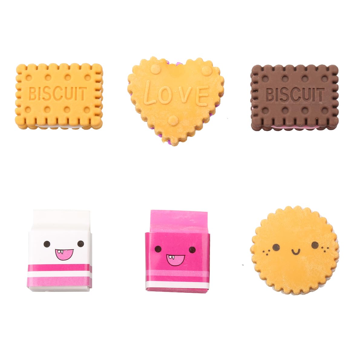 6pcs Box-Packed Cute Kawaii Milk Cookies Biscuit Erasers - School Stationery Supplies Creative Gift for Kids, Children, Students