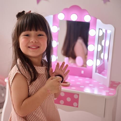 Image of Teamson Kids - Fashion Polka Dot Prints Gisele Play Vanity Set with LED Lights - Pink /White | For Girls, Makeup Table with Stool and Drawer, Pretend Beauty Toy Furniture, For Toddlers and Children
