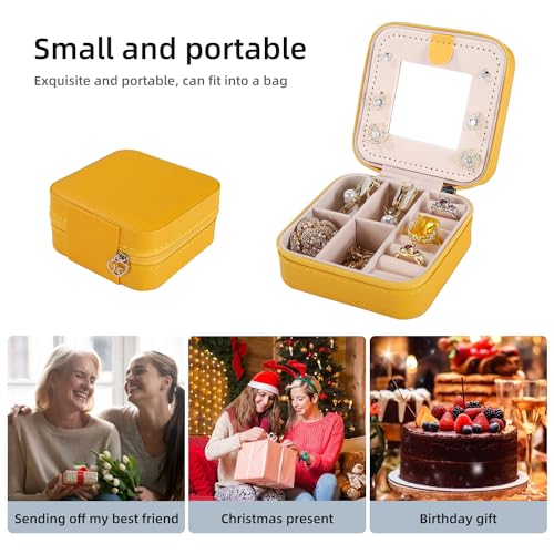Image of KElofoN Travel jewelry case Travel jewelry box Travel Jewelry Organizer Small Jewelry Organizer Box Gift for Girls Women with Mirror (Yellow)