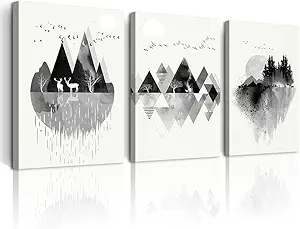 DZRWUBHS Large Abstract Wall Art For Living Room Canvas Wall Decor For Office Bedroom Decorations Wall Pictures Prints Artwork Black And White Mountain Geometric Wall Painting Home Decor 3 Pieces