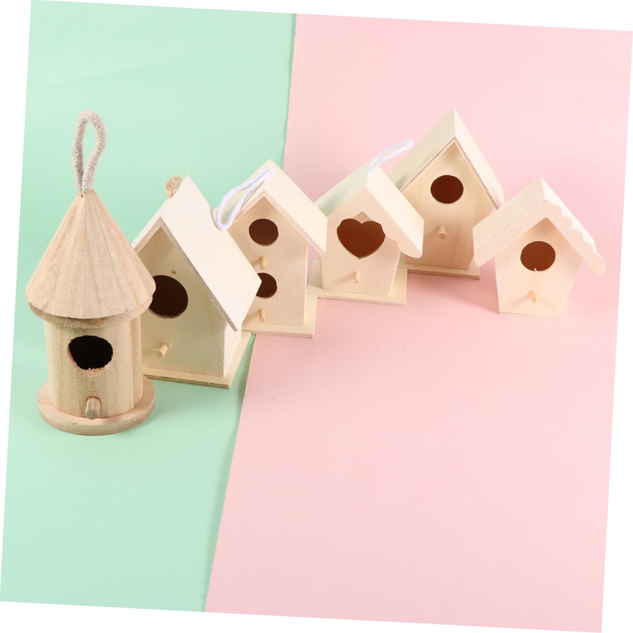 Uonlytech 6 Stück Teiliges DIY Holz Vogelhaus Bastelset mit Aufhängeseil Naturbelassene Glatte Oberfläche Stabile Standfläche Pädagogisches Malspielzeug für Kreative Dekoration für Zuhause