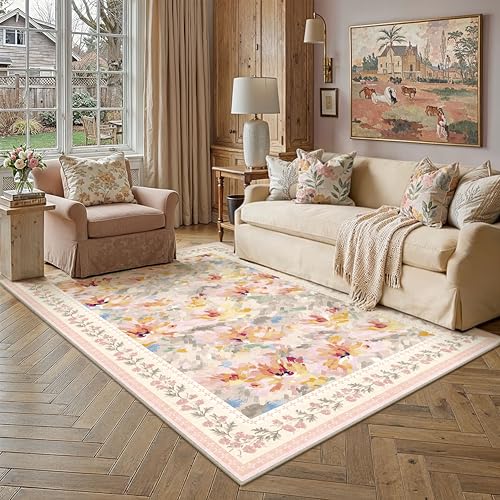 5x7 Washable Area Rug Beige Pink Living Room Bedroom Floral Throw Rug Abstract Modern Non Slip Soft Low Pile Carpet for Dining Room Office Nursery Indoor 5' x 7' (Rectangular) Beige/Pink
