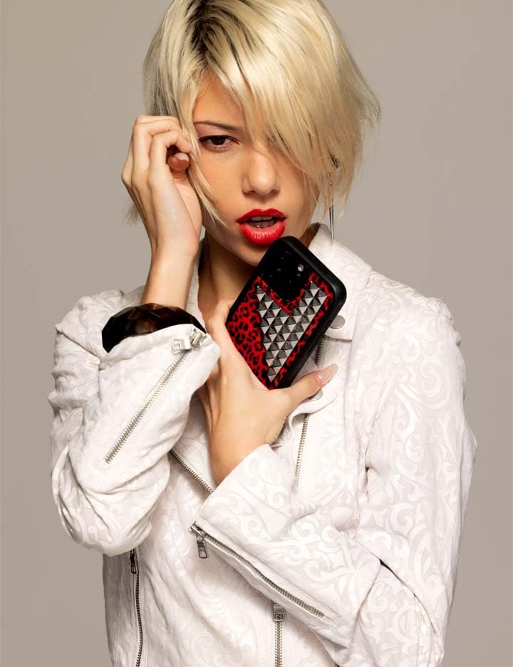 Image of Wildflower Cases - Compatible with iPhone 16 Pro Max | Protective Black Bumper, 6.5ft Drop Test Certified, Women Owned Small Business | Red Leopard Original Silver | Stud Pyramid Collection - Red Meow