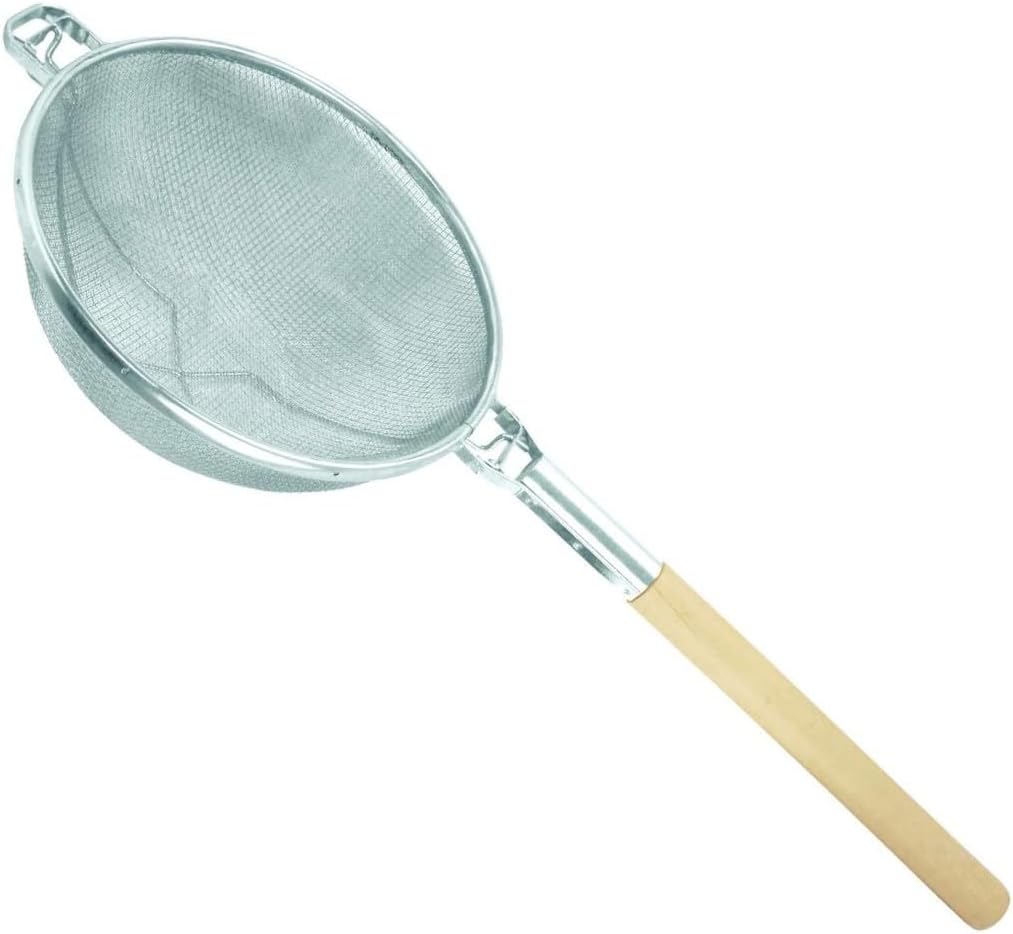 TrueCraftware- 13-3/4-Inch Reinforced Fine Double Mesh Strainer Nickel Plated Wire Frame & Support 19" Handle Length- Kitchen Sieve Sifters Strainers for Sauces Gravies Tea Rice Oil Noodles Fruits
