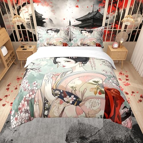 Homemissing Kids Japanese Geisha Girl Bedding Set Double Size Boys Girls Cherry Blossoms Comforter Cover Set Japanese Style Duvet Cover Japanese Tradition Aesthetic Bedspread Cover (No Comforter)
