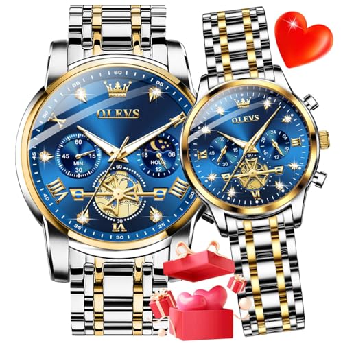 OLEVS Couple Watch His and Her Watch Set Mens Womens Matching Watch Diamond Romantic Valentine’s Day Chronograph Watch