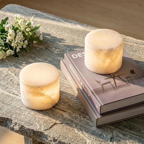 Brightech Rhea Alabaster Table Lamp - Mini 3 LED Battery-Powered Light - Small Portable Stone Desk Lamp with Warm White Light for Bedroom Side Table Bedside Living Room - White