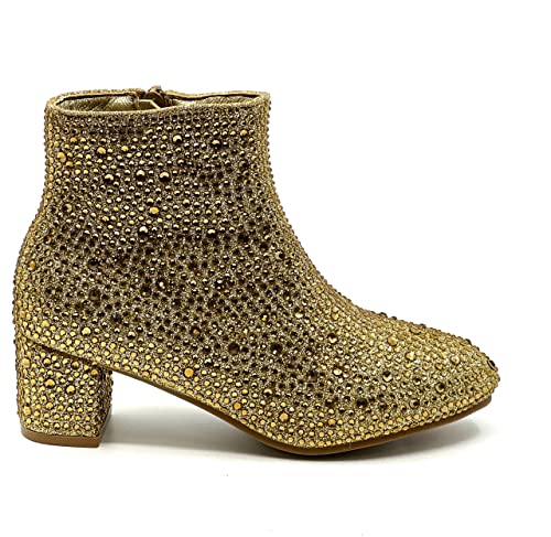 Forever Girls Rhinestone Boots Kids Low Heel Dress Booties Iceberg-12K Shoes Gold Rhinestone 13