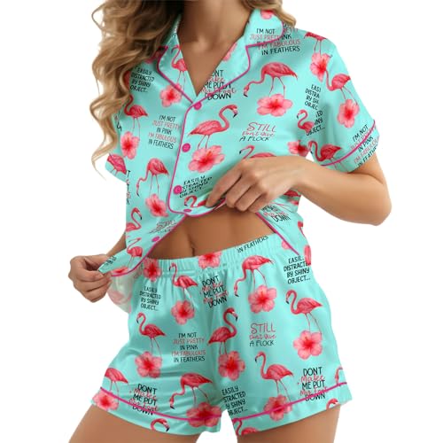 Image of HUNTFAMI Women Silky 2 Pcs Satin Pajama Set Long Sleeve Button Down