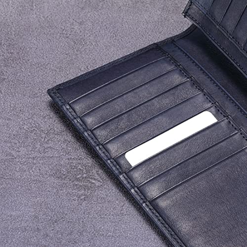 Image of HISCOW Full Grain Leather Men's Long Wallet, 15 Card Slots, Aniline Blue | Gusseted bill compartment, tall bifold design, clear ID window, ideal for coat pockets or briefcases, turned-edge, gift box
