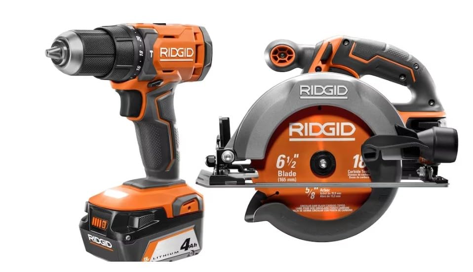 RIDGID 18V Hammer Drill and Circular Saw Kit with (1) 2.0 Ah, (1) 4.0 Ah Batteries & Charger