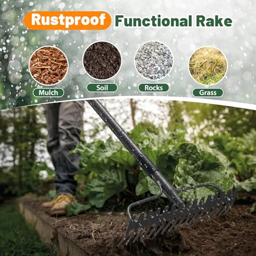 Gartenrechen 190 cm - Robuste Metall Gartenharke mit Stiel und 17 Zinken für Rasen, Laub & Boden | Rasenharke zur Lockerung, Nivellierung & Unkrautentfernung | Langlebige Hof Strohharke