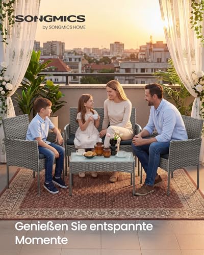 SONGMICS Gartenmöbel-Set, 4-teilig, Balkonmöbel aus PE-Polyrattan, Tisch, 2 Stühle, 2-Sitzer-Bank, Lounge-Möbel Outdoor, Terrassenmöbel, für Terrasse, Balkon, grau GGF004TZ01 2
