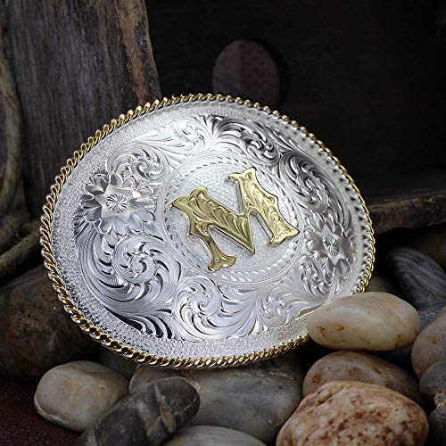 Image of Montana Silversmiths Initial Engraved Gold Trim Western Belt Buckle