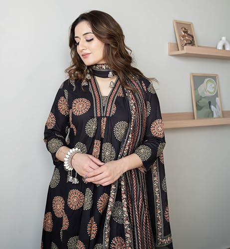 Image of Arayna Women's Pure Cotton Intricate Block Printed Ethnic Wear Kurta Set with Palazzo & Dupatta