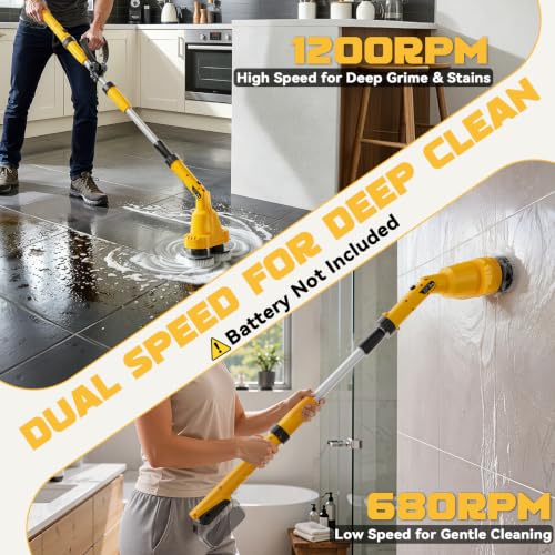 Image of NATBEESY 2 in 1 Electric Spin Scrubber Compatible with DeWalt 20V Battery(Tool Only), Dual-Head Power Scrubber, 680 /1200 RPM, 45 Adjustable Head, Extendable Handle for Tile, Tub, Floor & Bathroom