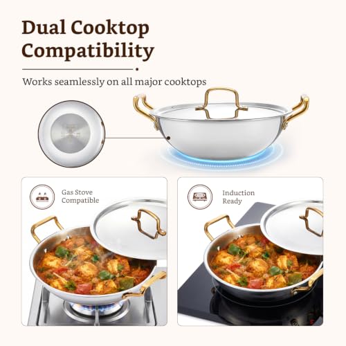 Image of Amazon Brand - Solimo Premium Triply Stainless Steel Kadhai 24cm (2.5L) | SS Lid | Even Heating | Gas & Induction Compatible | Dishwasher Safe | Food Safe SS 304 | Elegant Golden Handles | BIS Certified