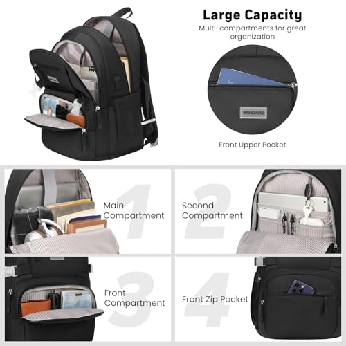 Image of WINDARS Backpack for School Girls, Cute High School Backpacks for Teens Women Student Large Bookbag 15.6 Inch Laptop Bag with USB Charger Port for College Work Travel Trip 3 Pcs(Black)