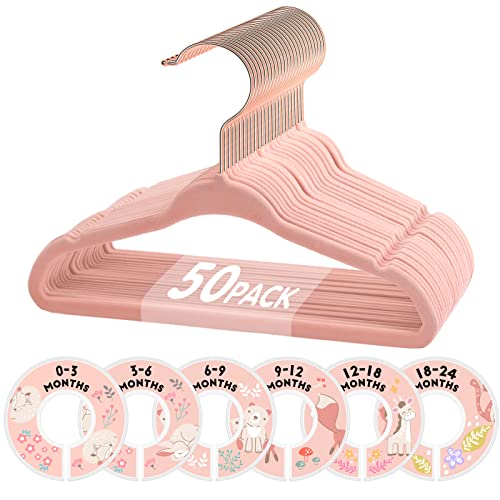 Image of VIS'V Baby Hangers, 11 Inch Velvet Kids Hangers with 6 Pcs Clothes Size Dividers, Infant Toddler Nursery Closet Organization, Non Slip, Pink, 50 Pcs