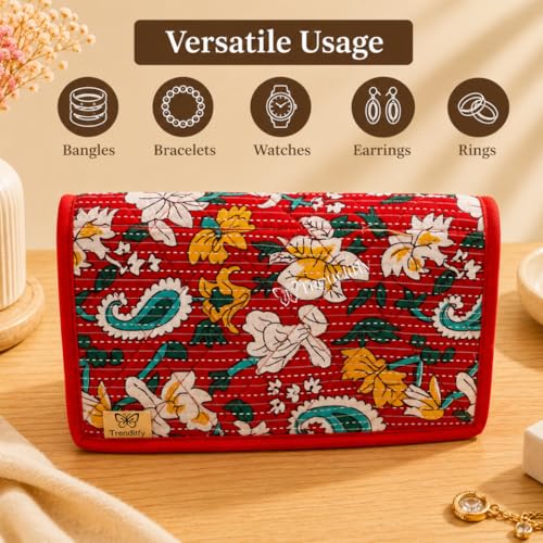 Image of Trendifly Embroidery Sling Jewellery Organiser Storage Bag Pouch for women & girls | Bank Locker jewelry Organizer | Earring Necklace Bangles Organiser for Travel & Gifting (Dark Red)