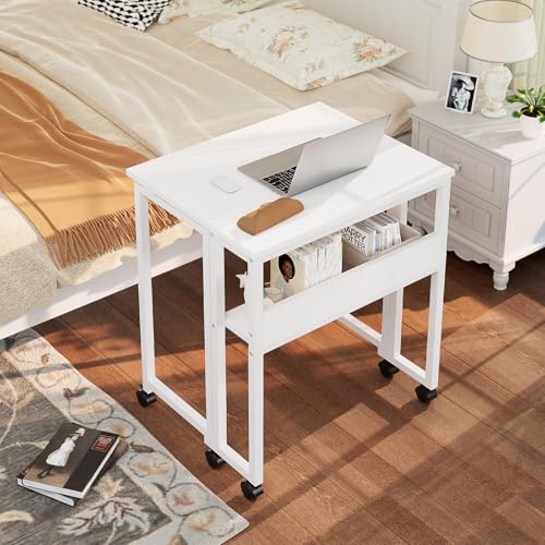 Image of GreenForest Folding Desk with Wheels, 24.8 Inch Compact Rolling Computer Table with Storage Shelf, Portable Mobile Workstation for Small Spaces, Easy Assembly, Pure White