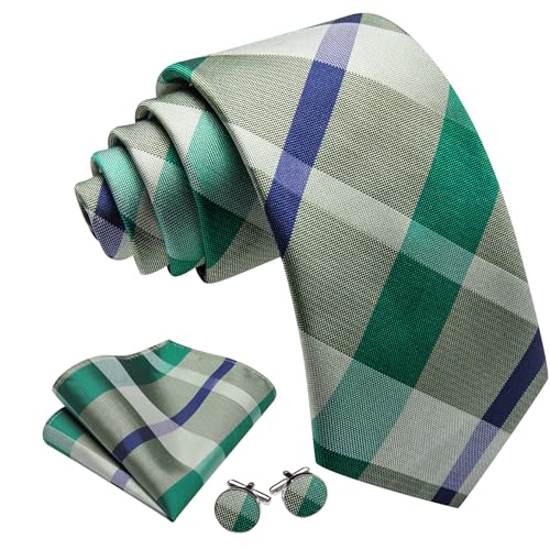Image of Barry.Wang Plaid Ties for Men Silk Necktie Handkerchief Cuff Links Set