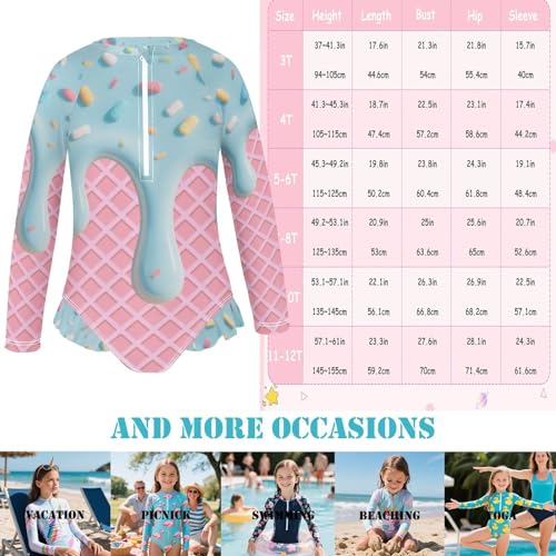 Girls One Piece Swimsuits UPF 50+ Quick Dry Long Sleeve Rashguard Bathing Suits with Zipper Swimwear 3T-12Y3