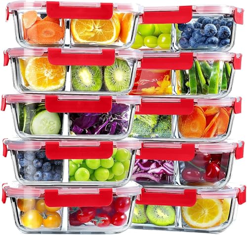Image of VERONES 10 Pack Meal Prep Containers - 2 Compartment Set, 36OZ Airtight Glass Lunch Containers, Microwave, Oven, Freezer & Dishwasher Safe, Red