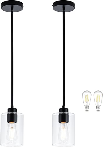 Miniatura 56 de MAYNA Lámpara colgante de granja de 1 luz, lámparas de jaula de metal negro con cadena ajustable y pantalla de vidrio, luces colgantes para isla