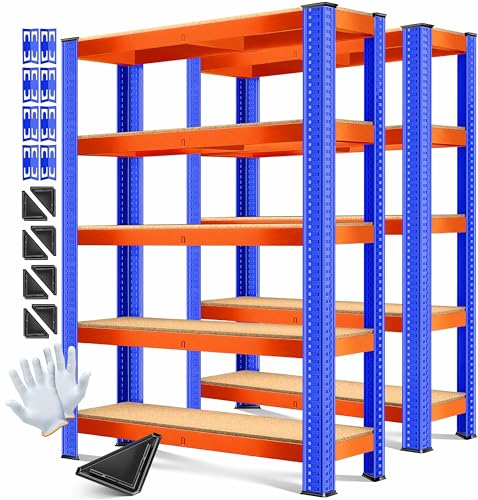 MASKO® - 2 estanterías de almacenamiento para cargas pesadas, 180 x 90 x 40 cm, hasta 875 kg, 5 estantes ajustables, tablero MDF y metal, ensamblable, para taller, sótano, garaje, naranja, azul